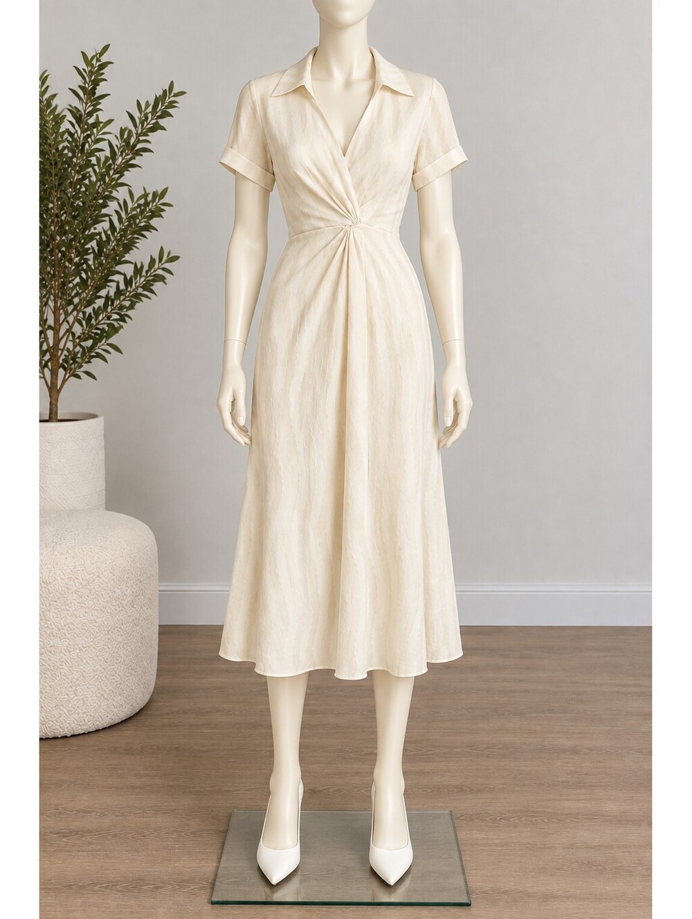 ALFANI Women's Petite 6P Cream Beige Midi Dress Ruched Waist